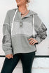 Waffle Knit Stripe Patchwork Henley Drawstring Hood Drop Shoulder Long Sleeve Top